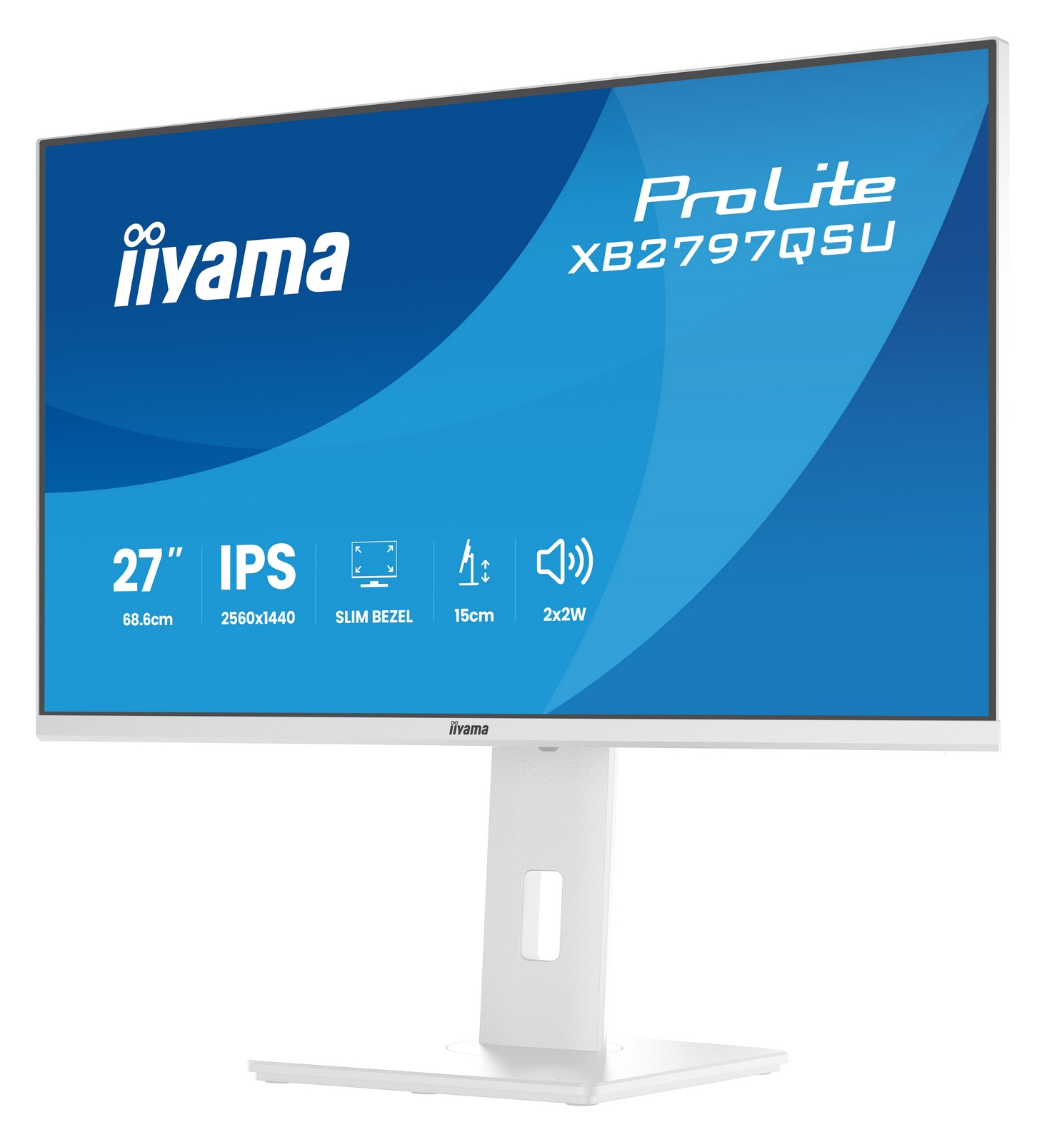 Un monitor bianco Iiyama ProLite con schermo blu che mostra le specifiche.