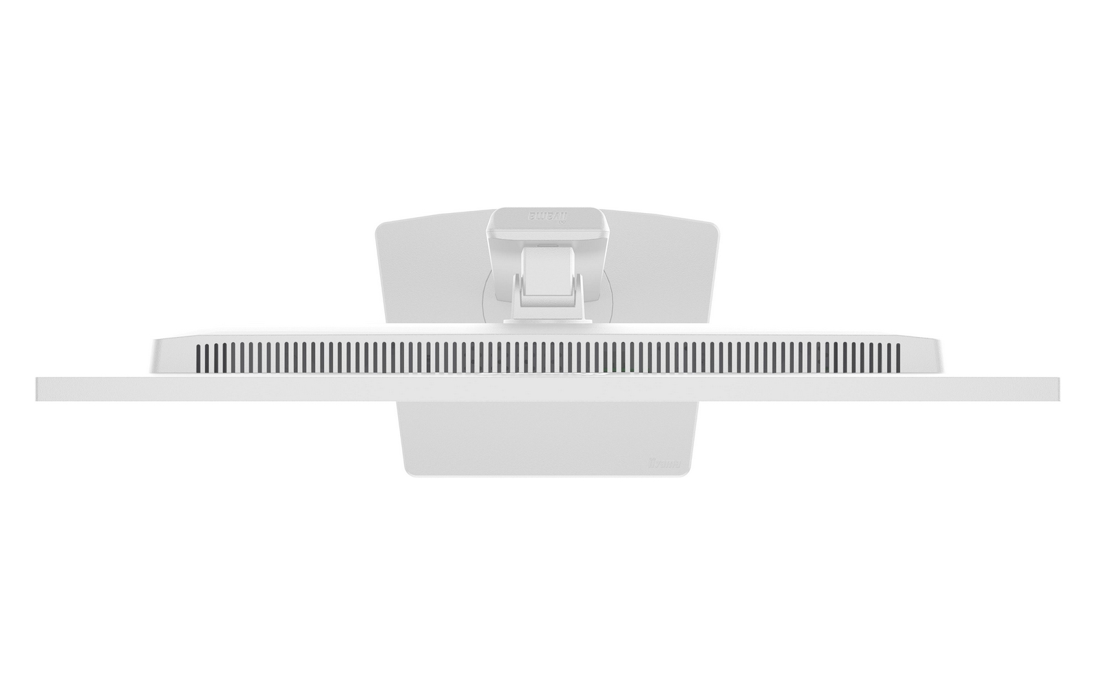 Supporto monitor bianco visto dall'alto, con fessure di ventilazione sulla scocca superiore.