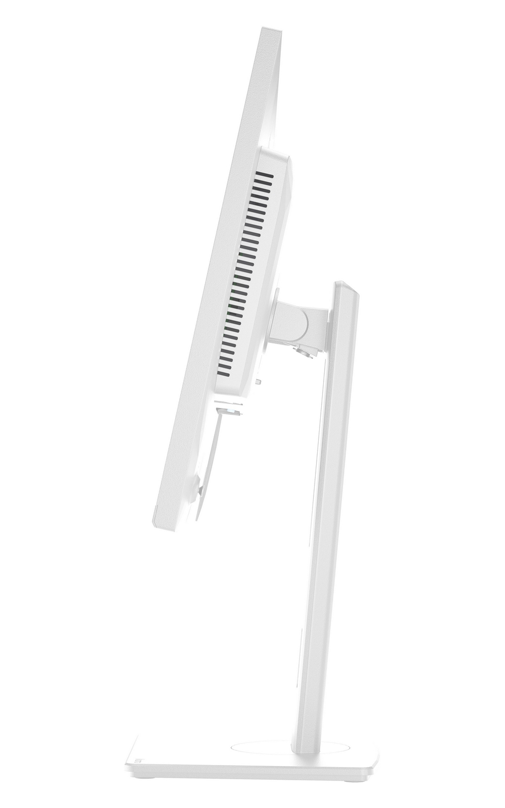 Un monitor bianco è mostrato di lato, con fessure di ventilazione sul lato.