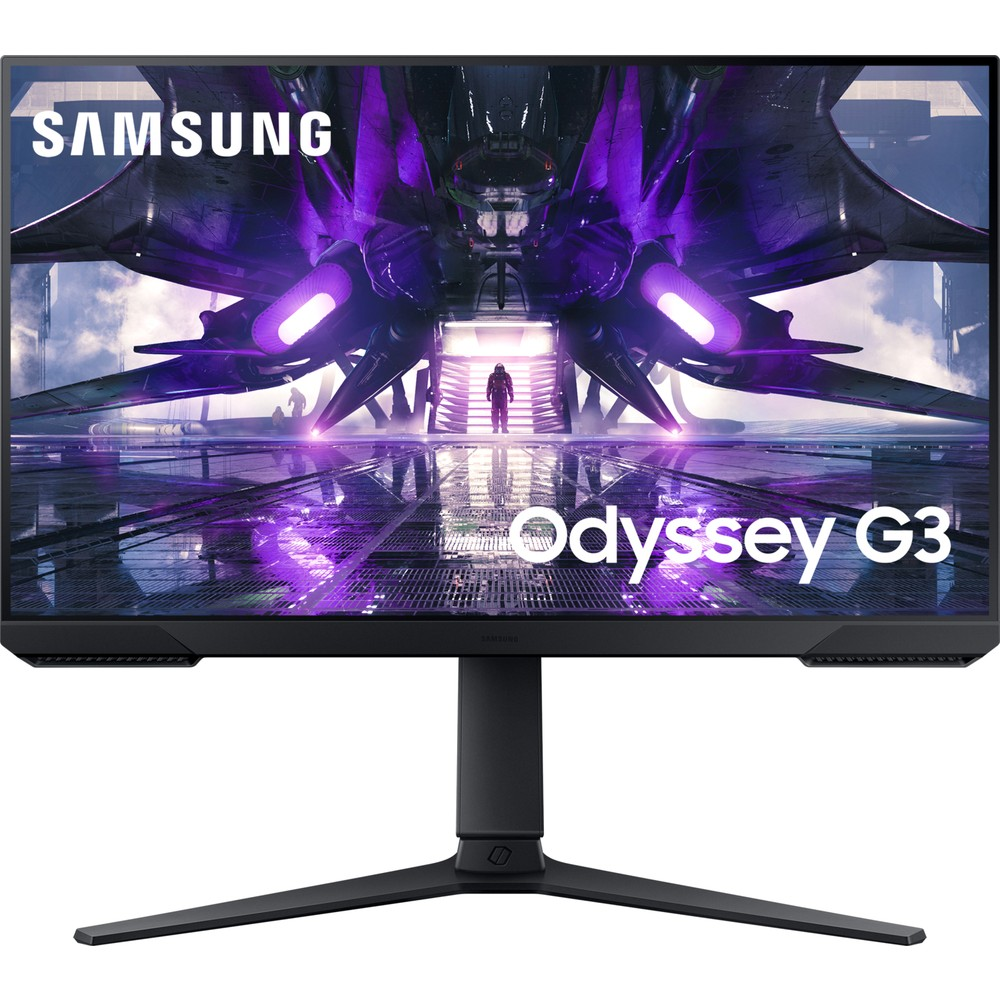 Mor uzay gemisi arka planlı ve astronotlu Samsung Odyssey G3 monitör.
