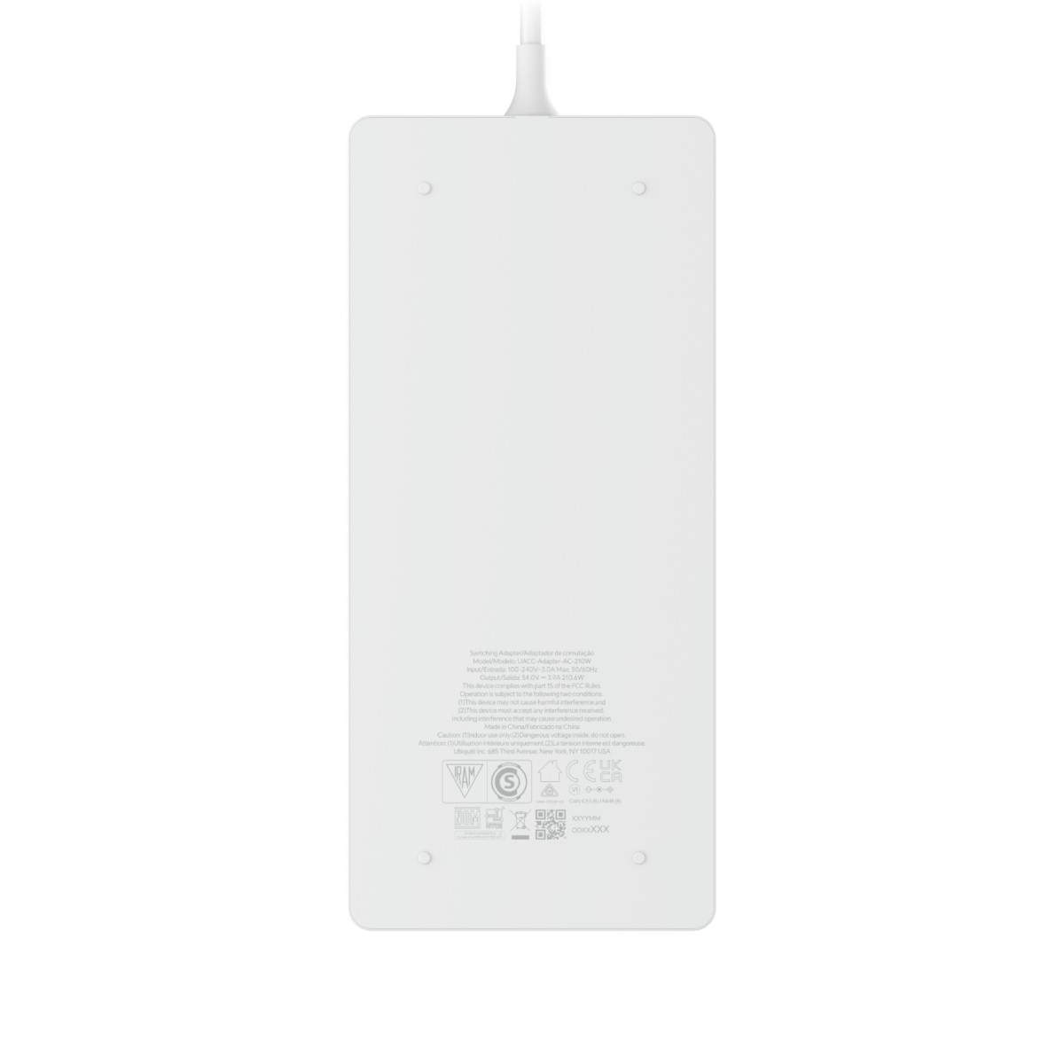Alimentatore rettangolare bianco con dettagli tecnici e loghi di certificazione.