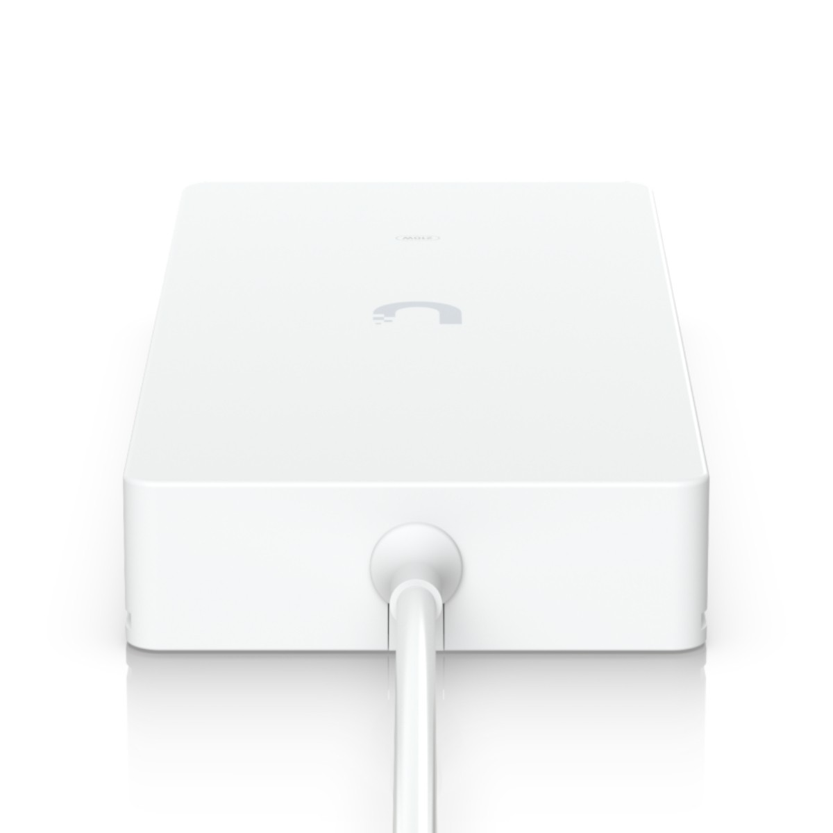 Un dispositivo rettangolare bianco con logo grigio e connettore cavo bianco.