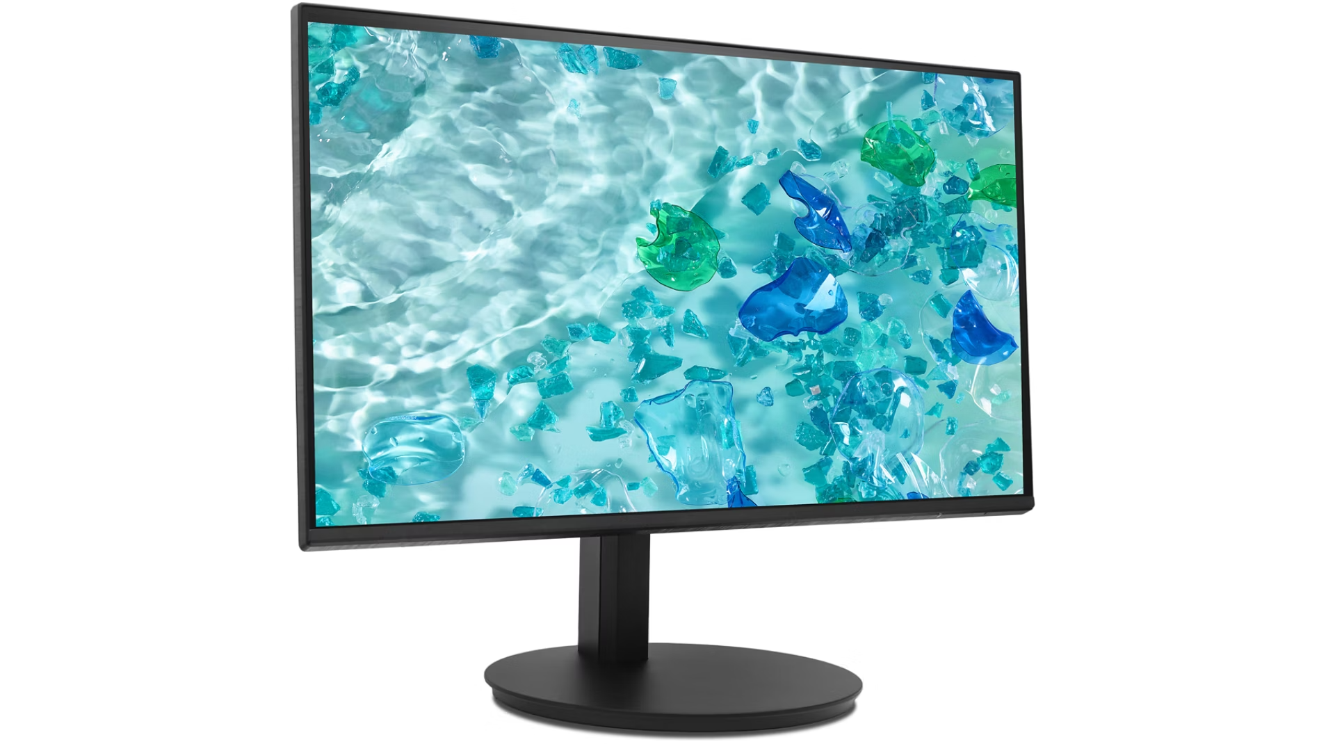 Un monitor nero con sfondo astratto di vetro blu e verde nell'acqua.