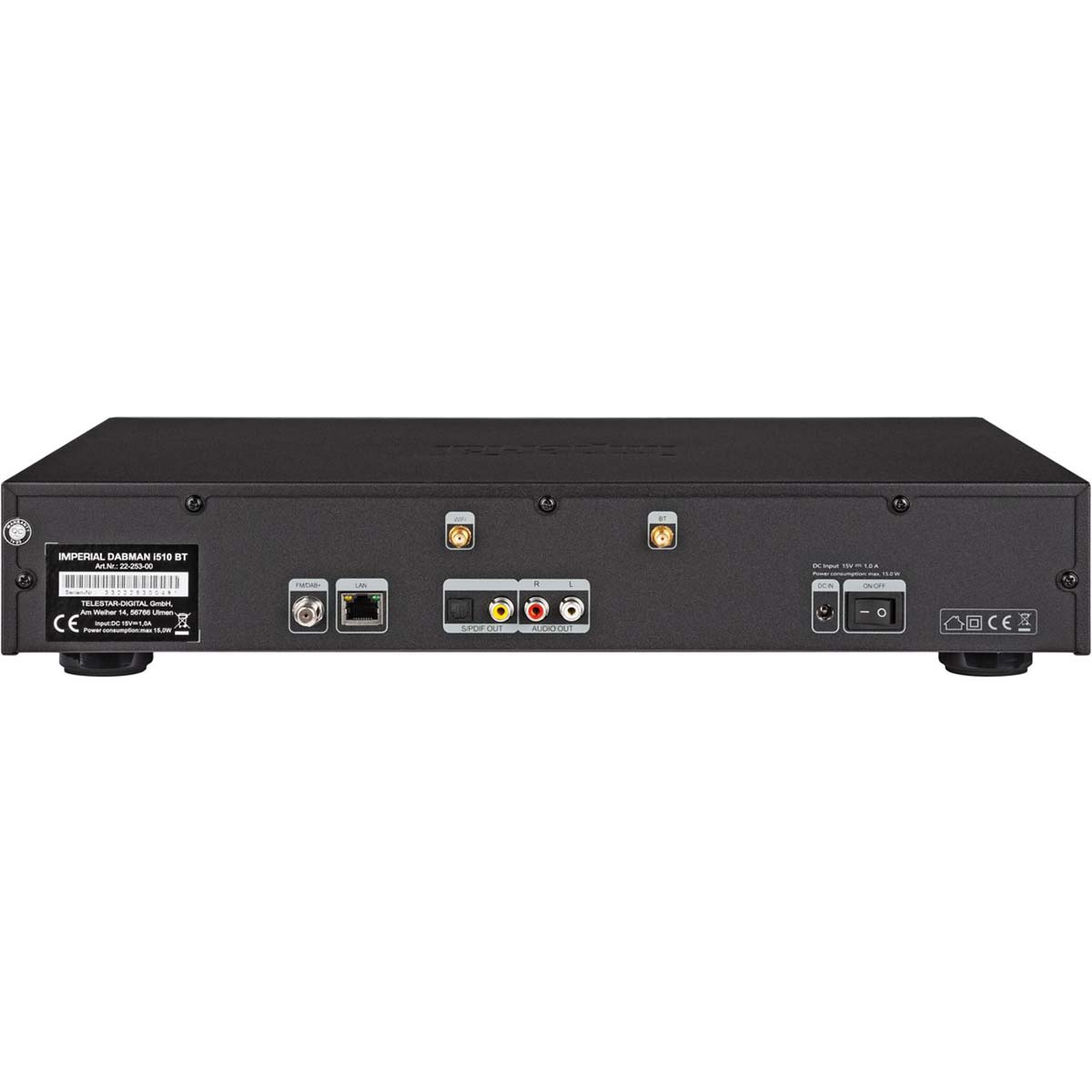 Rückseite eines schwarzen Geräts mit Anschlüssen: FM/DAB, LAN, S/PDIF, Audio Out, DC In, Netzschalter.