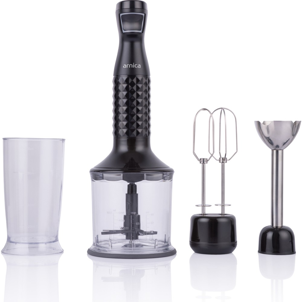Aksesuarli siyah el blenderi: ölçü kabı, çırpıcı ve karıştırıcı aparat.