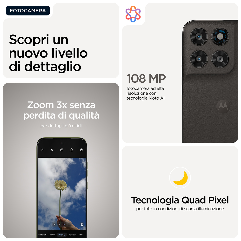 Smartphone-Kamera mit 108 MP, 3x Zoom und Quad Pixel Technologie.