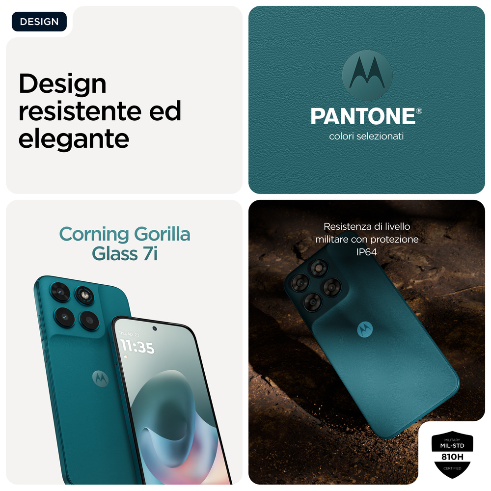 Turkusowy smartfon Motorola z Gorilla Glass 7i i wojskową ochroną IP64.