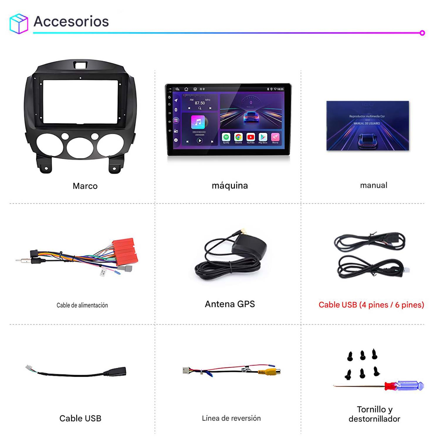Accesorios de coche: marco, pantalla táctil, manual, cables, antena GPS, tornillos.