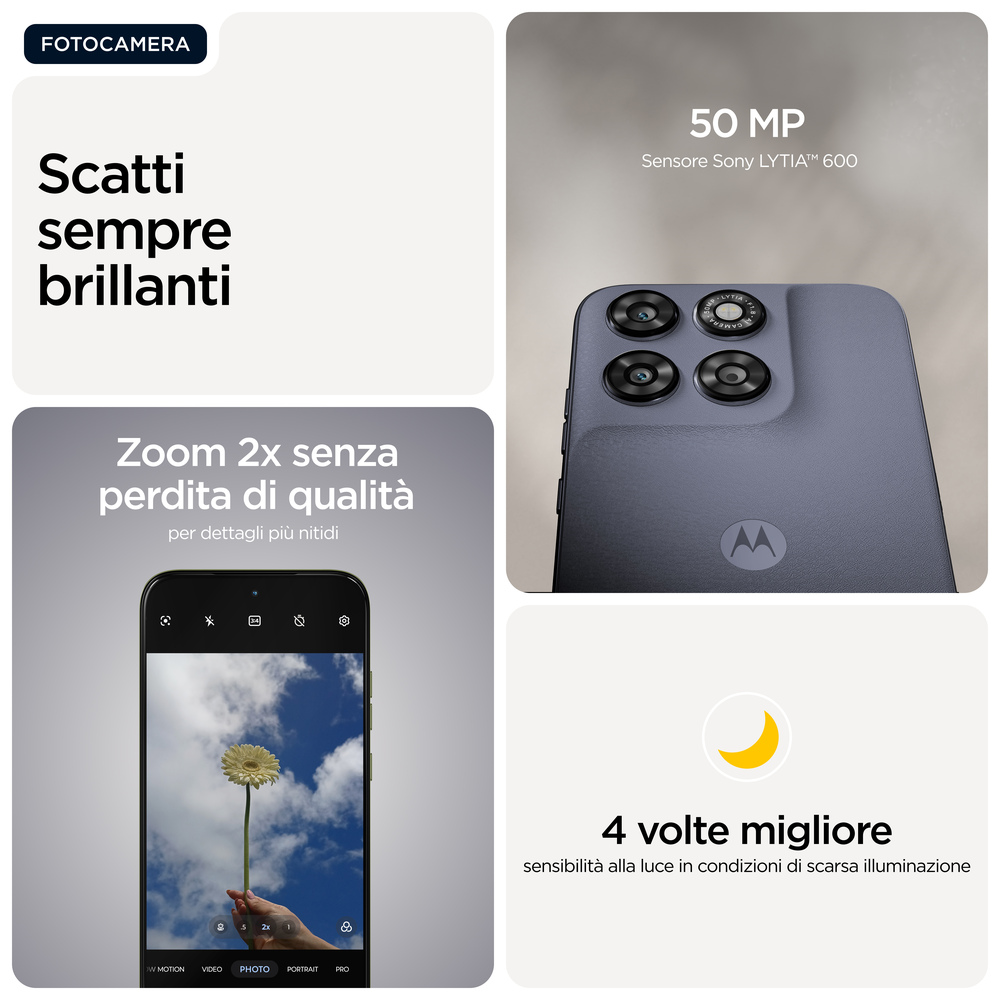 Ein Smartphone mit 4 Kameras hinten, 50 MP Sensor, Zoom & Nachtmodus.