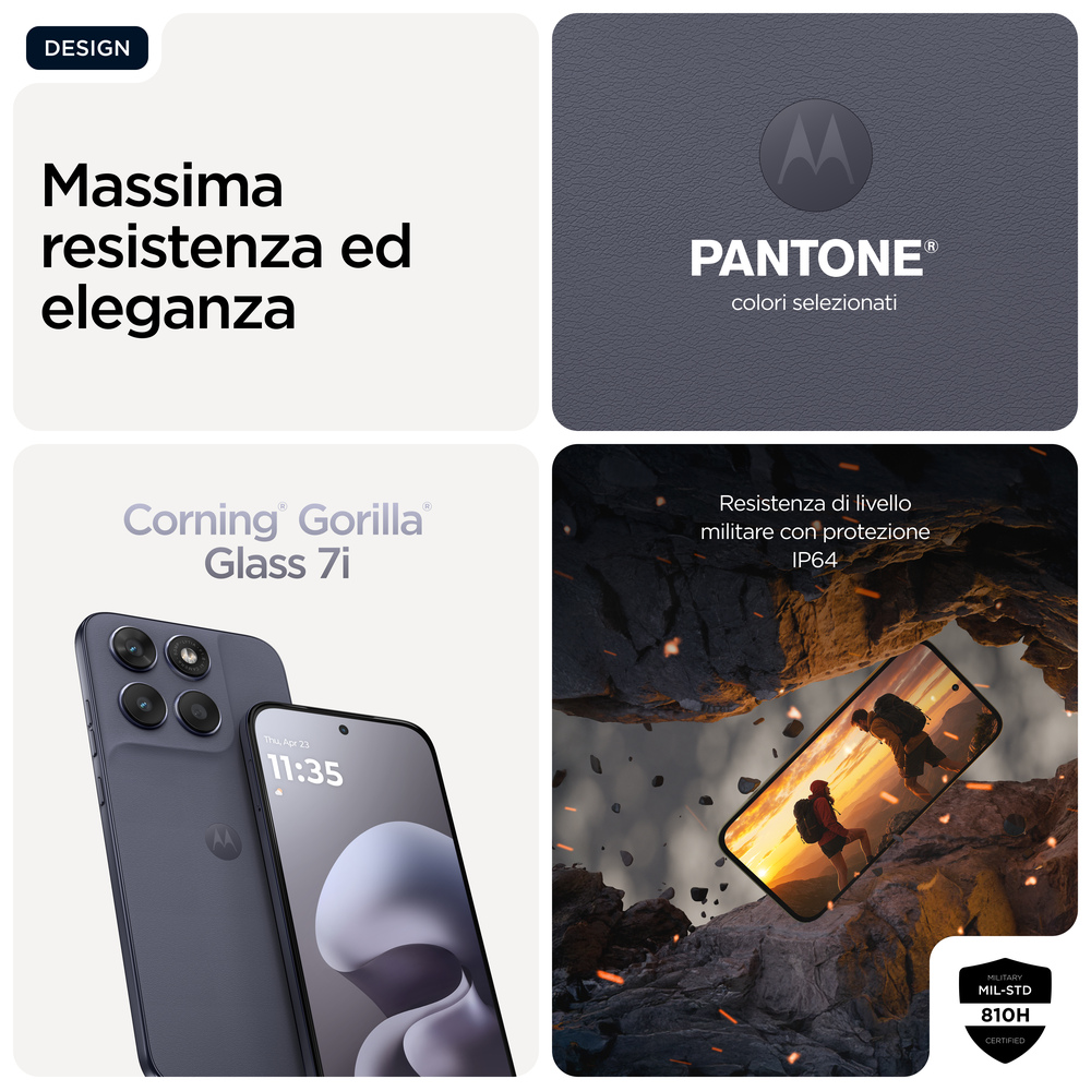 Motorola-Telefon mit Corning Gorilla Glass 7i und militärischer IP64-Zertifizierung.
