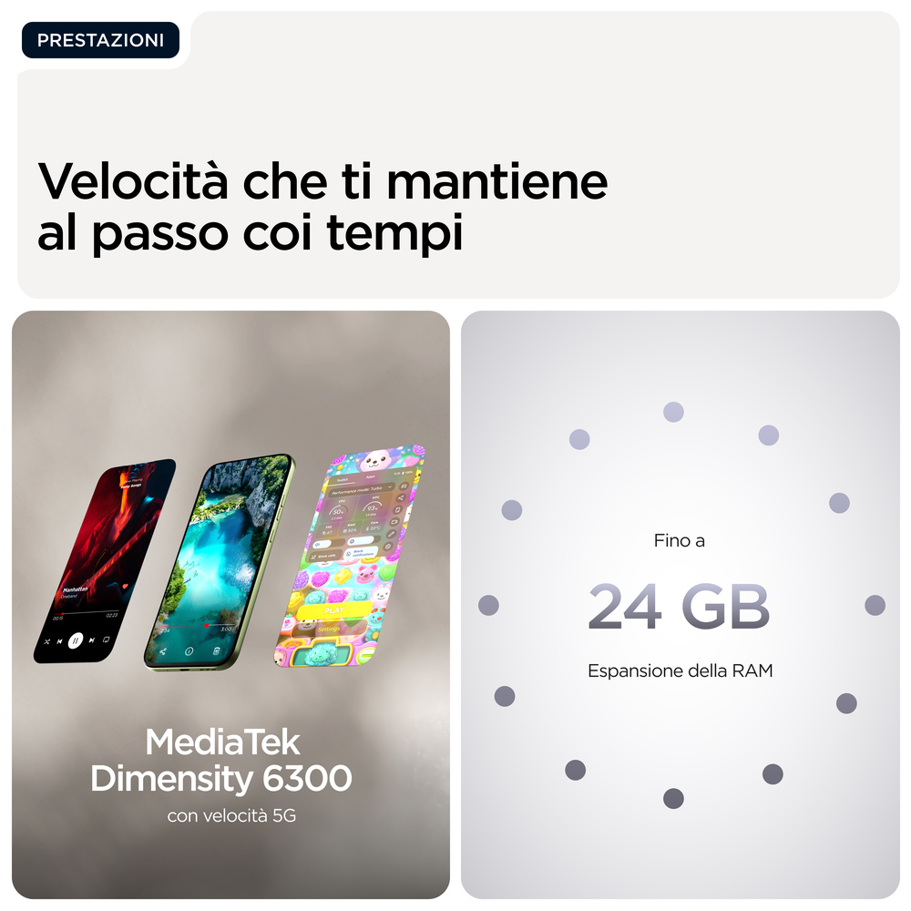 Drei Smartphones mit Apps und Text "MediaTek Dimensity 6300", "24 GB RAM".