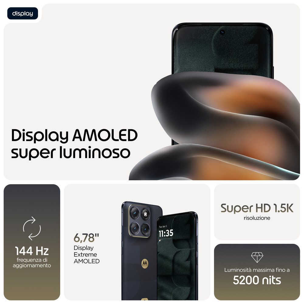 Display AMOLED 144 Hz, 6,78", Super HD 1,5K, 5200 nits.