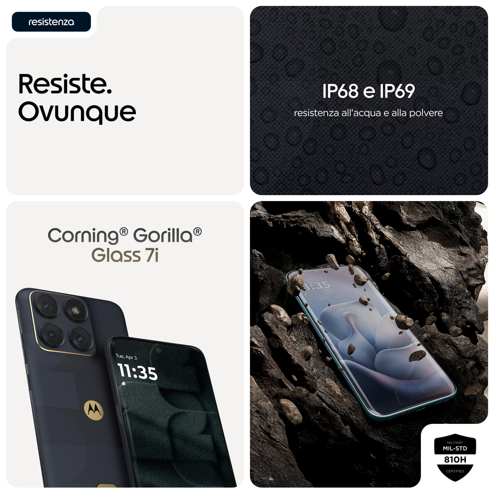 Telefono con Corning Gorilla Glass 7i, IP68/IP69, certificato MIL-STD 810H.