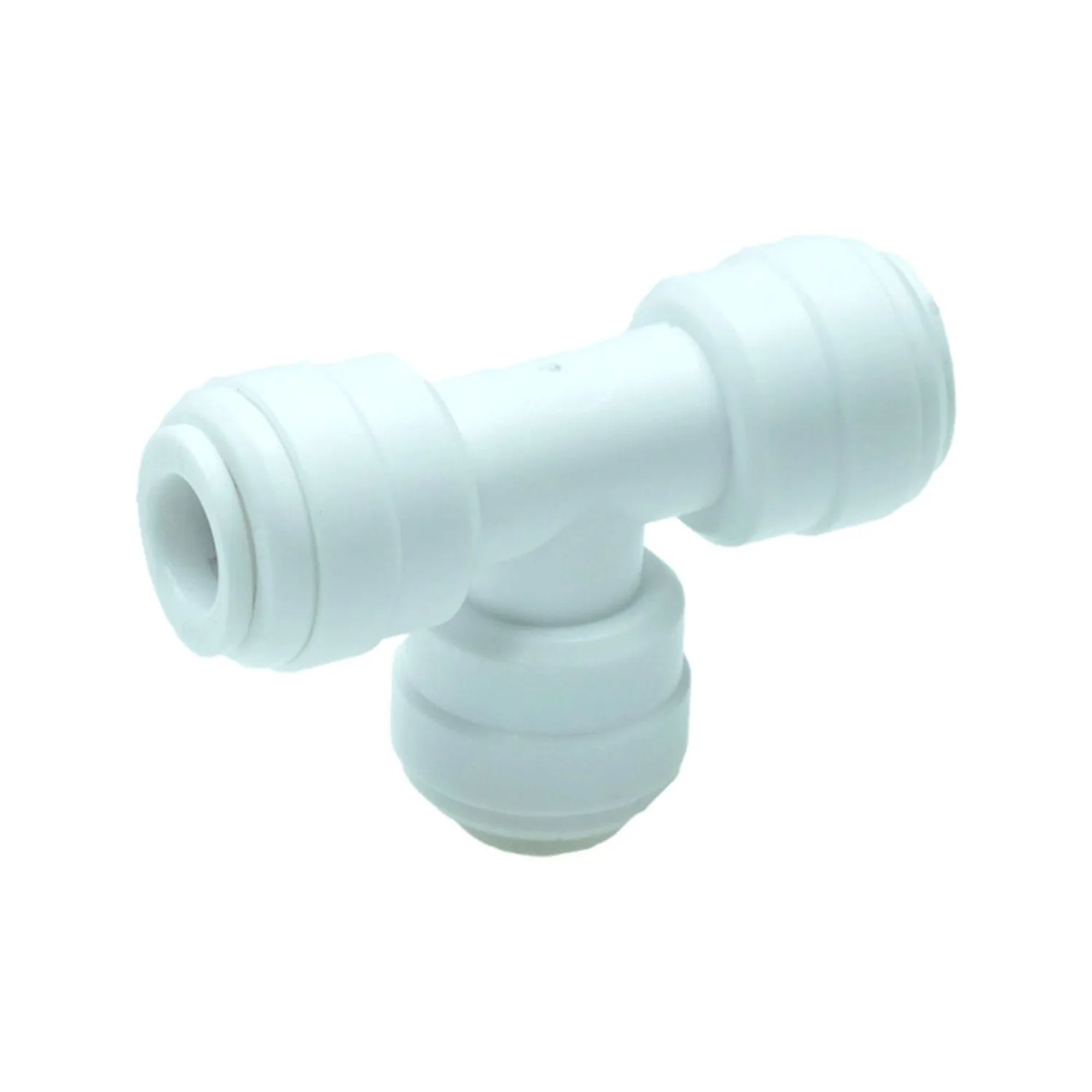 A white, T-shaped plastic connector with three openings for pipes.
