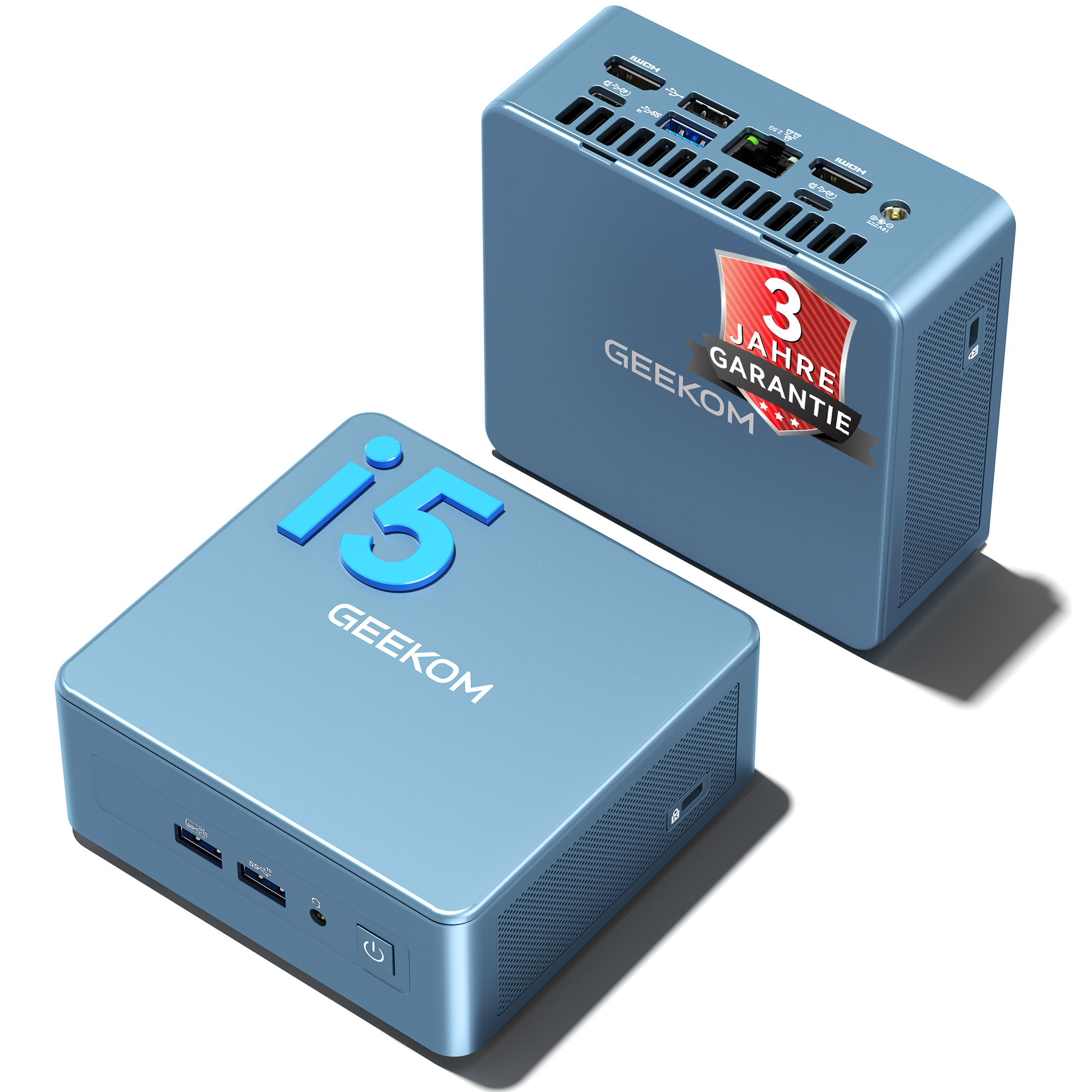 Zwei blaue GEEKOM Mini-PCs, einer mit 'i5' und '3 Jahre Garantie'-Aufdruck.