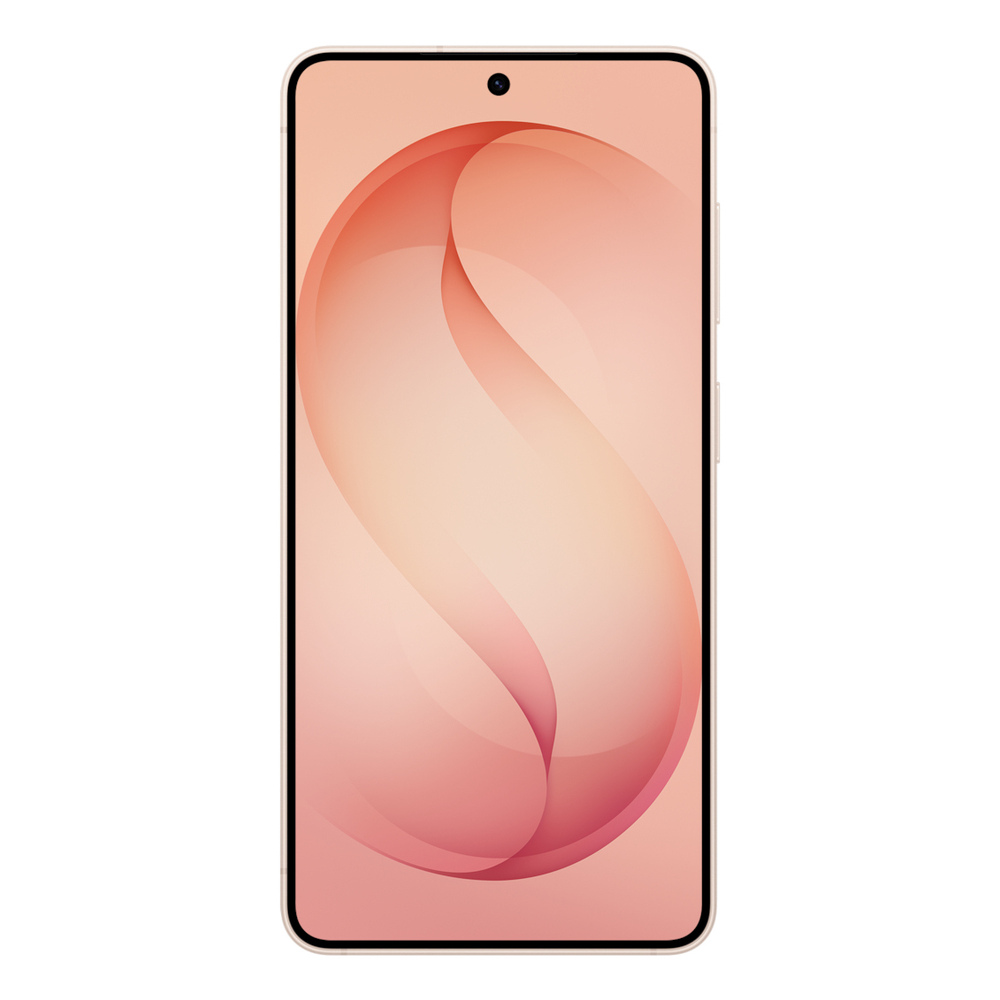 Uno smartphone con sfondo rosa oro e motivo astratto a forma di S.