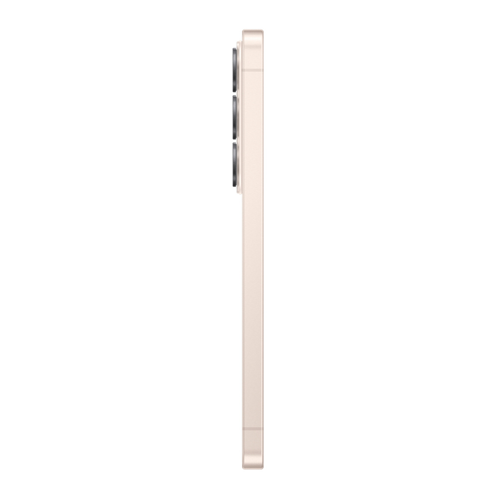 Uno smartphone oro chiaro con tre obiettivi posteriori, mostrato di lato.