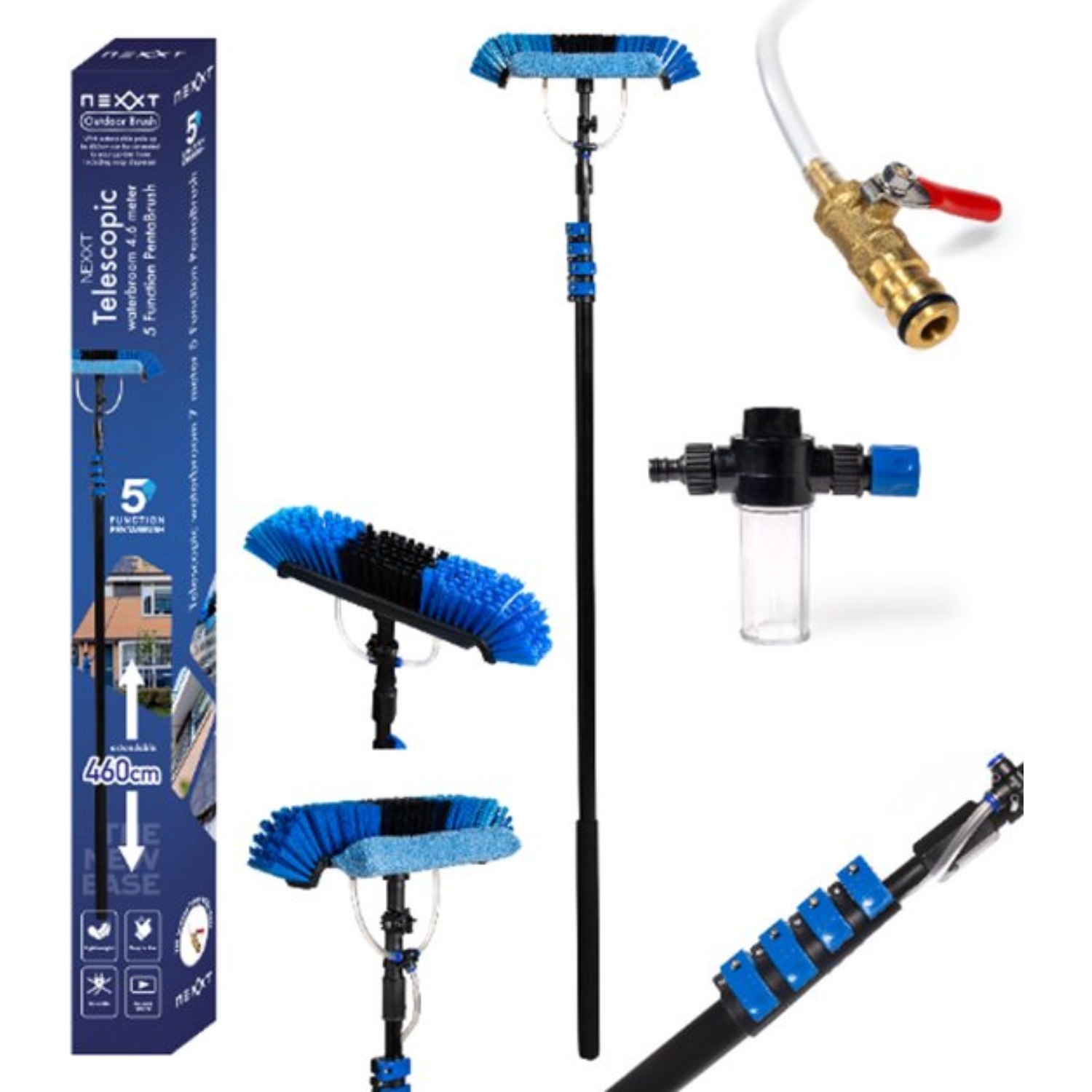 Een telescopische waterbezem met blauwe borstelkop en accessoires op witte achtergrond.