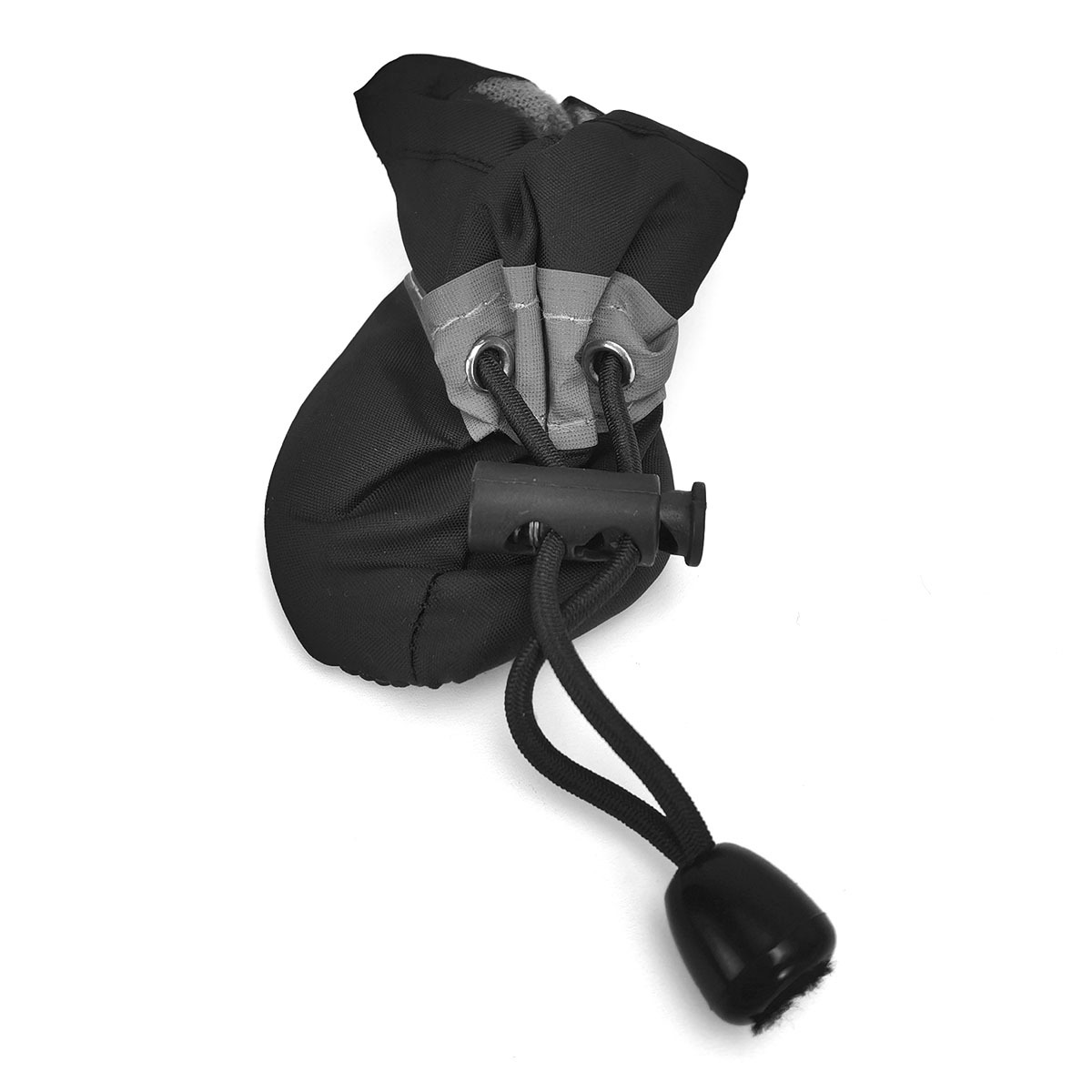 Schwarzer Hundestiefel mit Kordelzug und silbernem Band.