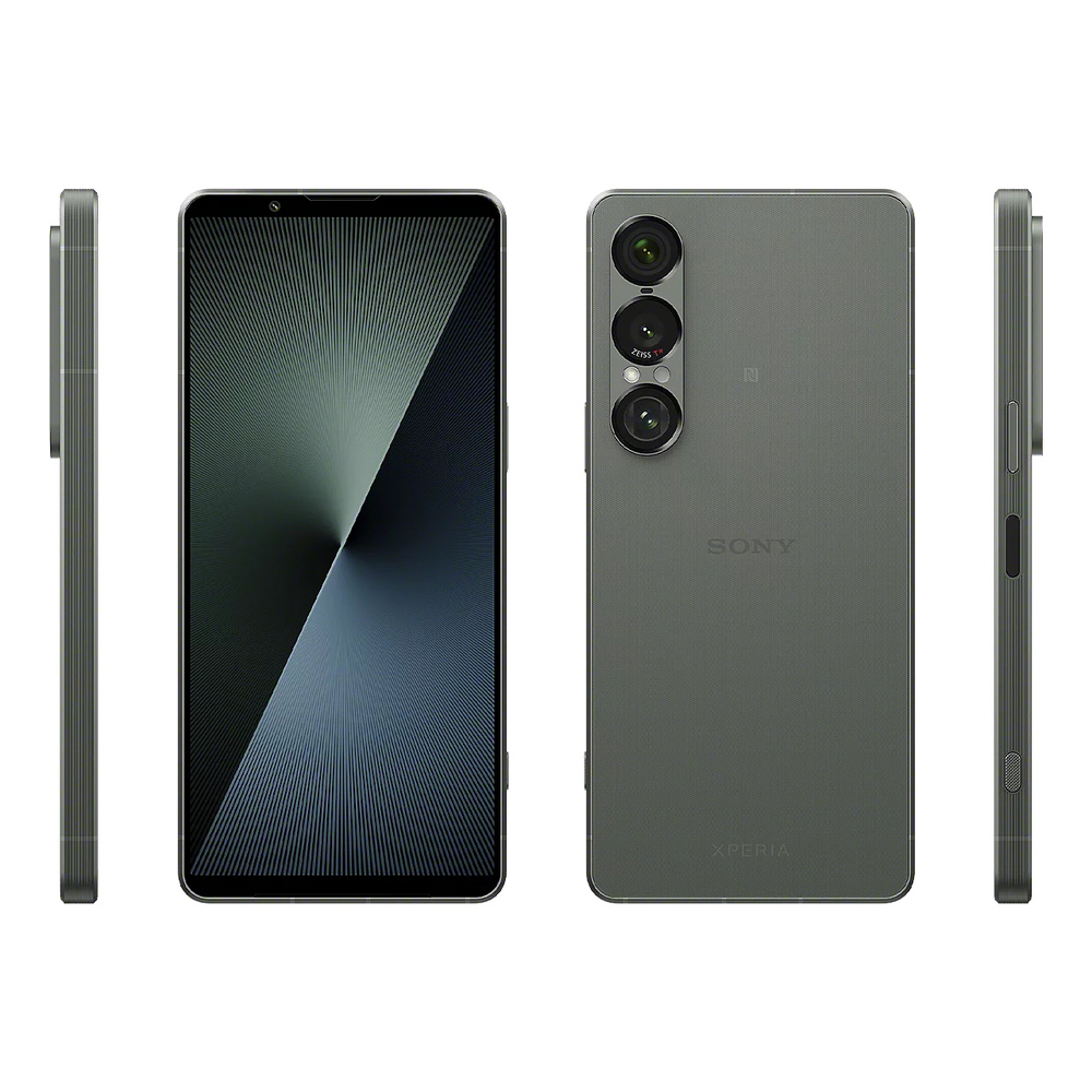 Graues Sony Xperia Smartphone von vorne, hinten und Seite. Dreifachkamera auf der Rückseite.