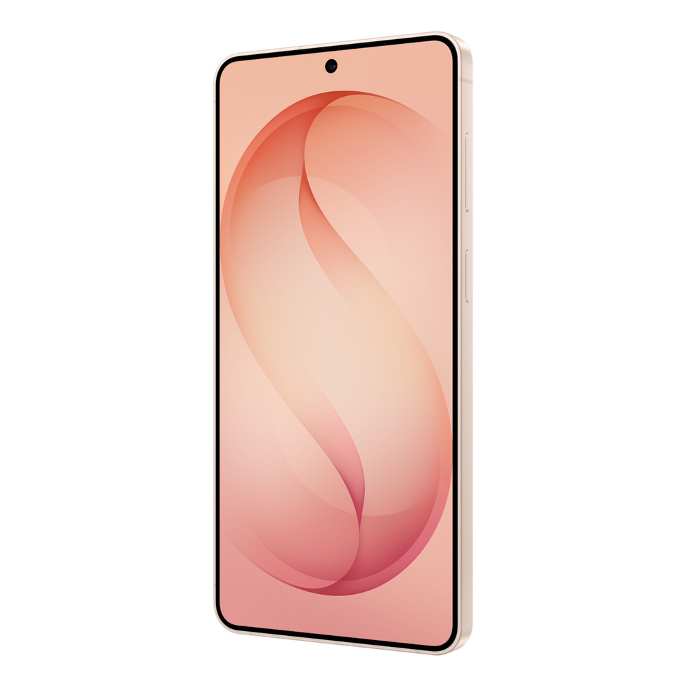 Uno smartphone rosa chiaro con uno sfondo stilizzato.