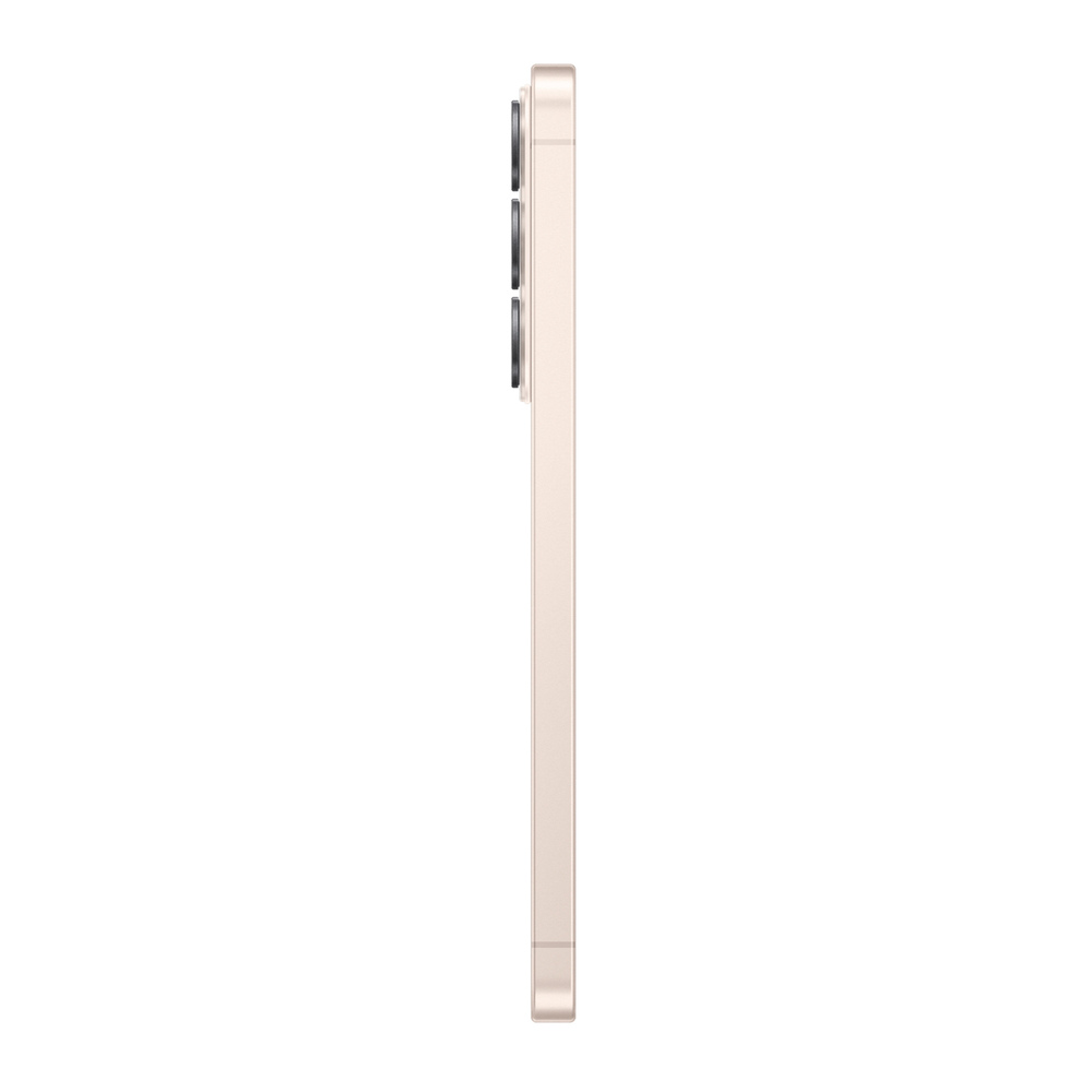 Uno smartphone sottile, beige chiaro, con tre fotocamere sul lato sinistro.