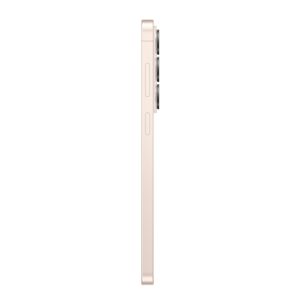 Uno smartphone oro chiaro di profilo con tre fotocamere posteriori.