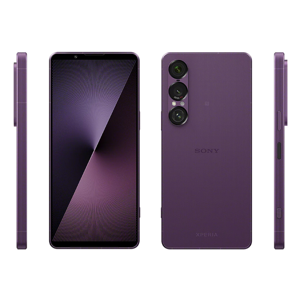 Ein lila Sony Xperia Smartphone wird von vorne, hinten und den Seiten gezeigt.