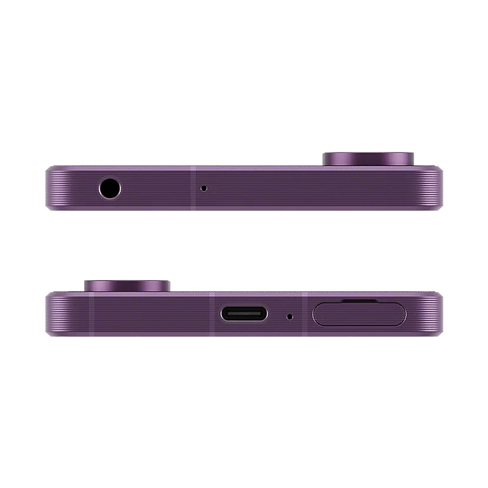 Lila Smartphone Seitenansicht: Kopfhöreranschluss, USB-C-Anschluss, SIM-Schacht, Kameralinse.