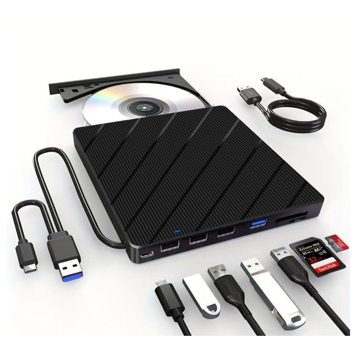 Schwarze Nabe mit CD-Laufwerk, USBs, SD-Karten & Kabeln auf weißem Grund.