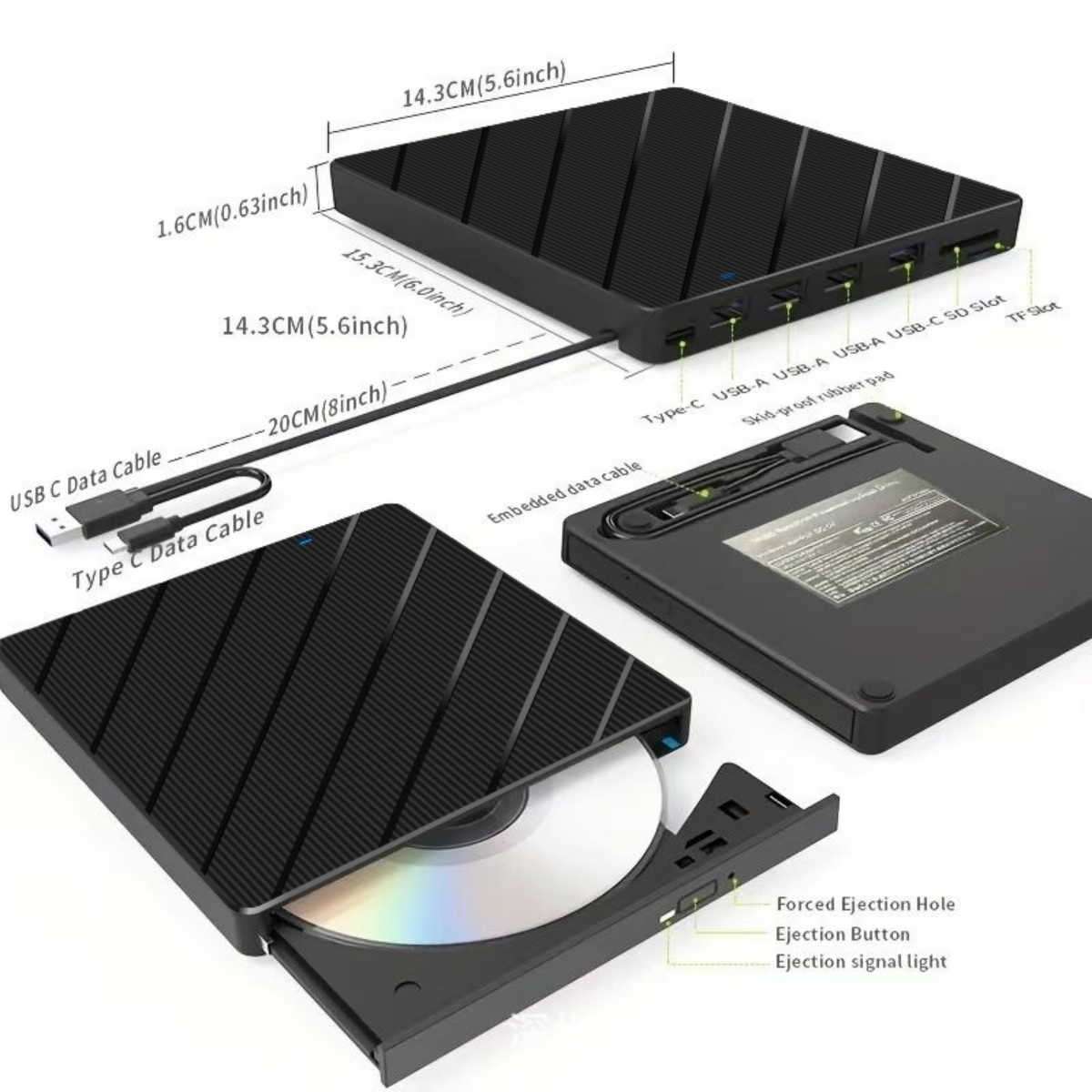 Schwarzer externer DVD-Brenner mit eingelegter Disc, Kabeln und Anschlüssen.