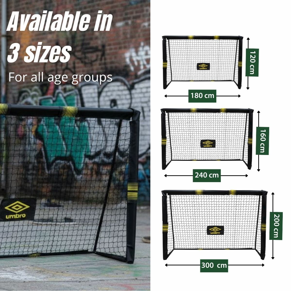 Voetbaldoelen in 3 maten: 180x120, 240x160, 300x200 cm.