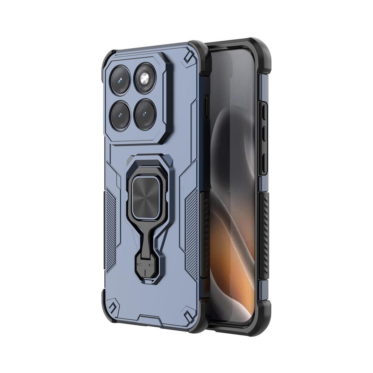 Een blauwe telefoonhoes met ringhouder en vier cameralenzen.