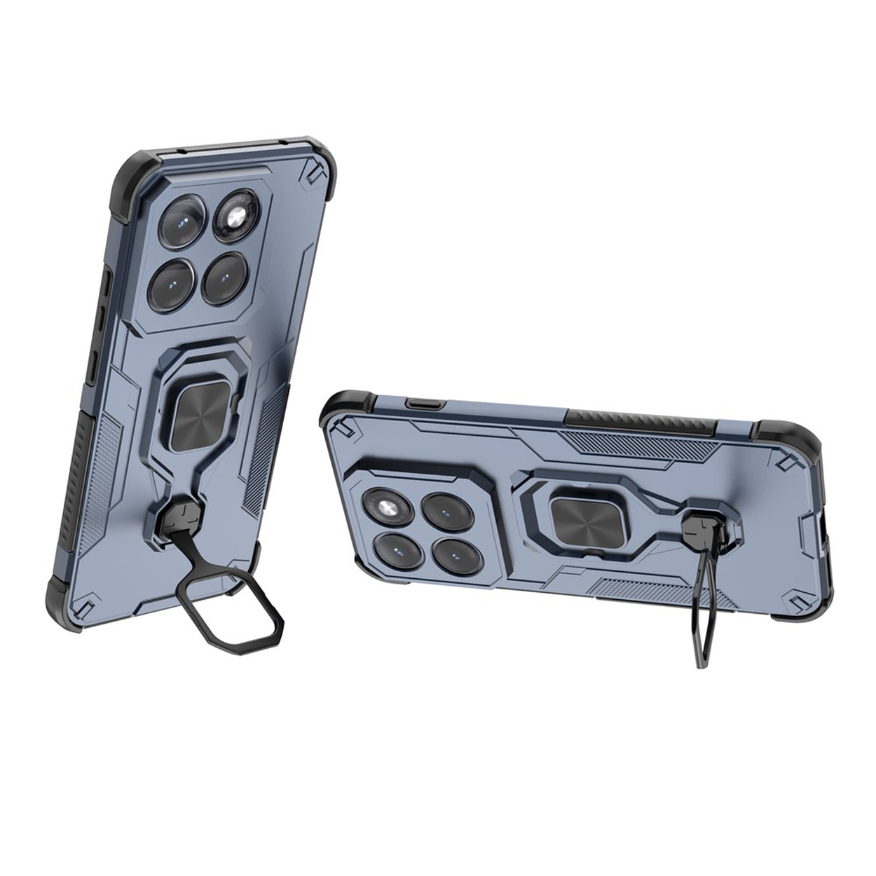 Twee blauwe, robuuste telefoonhoesjes met camera-uitsparingen en ringhouders.