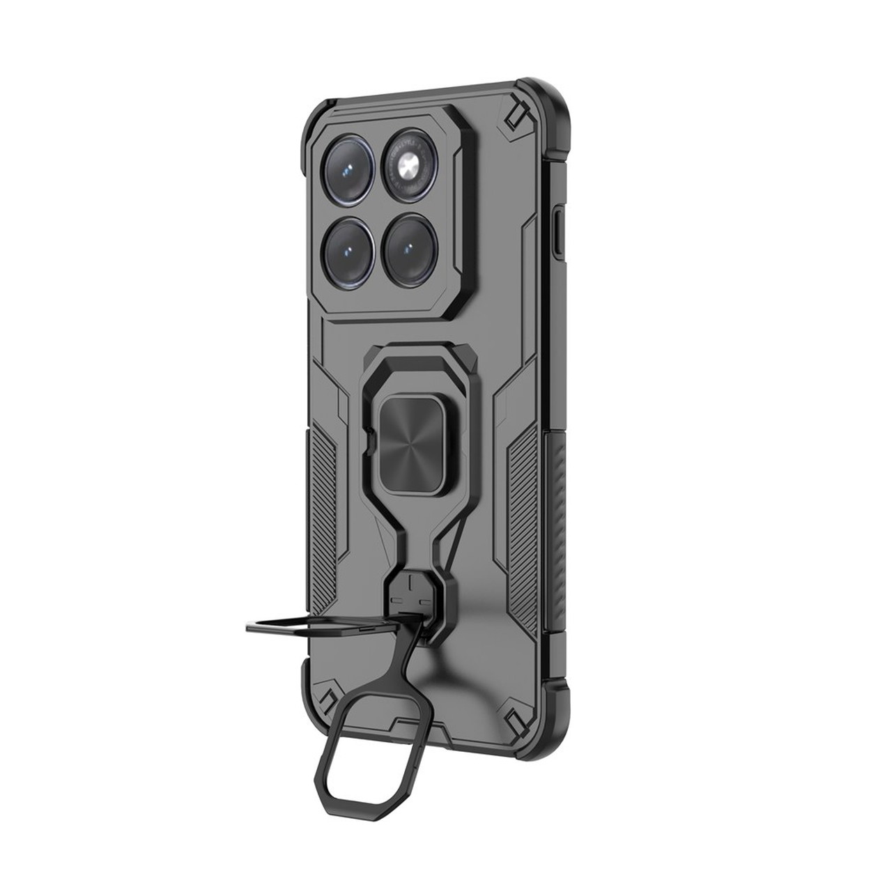 Grijze telefoonhoes met vier camera's, ringhouder en standaard.
