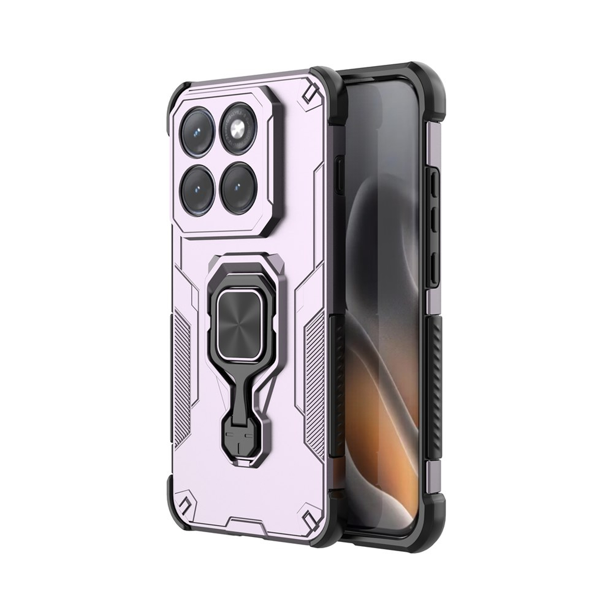 Lila telefoonhoes met vier camera's en ringhouder.