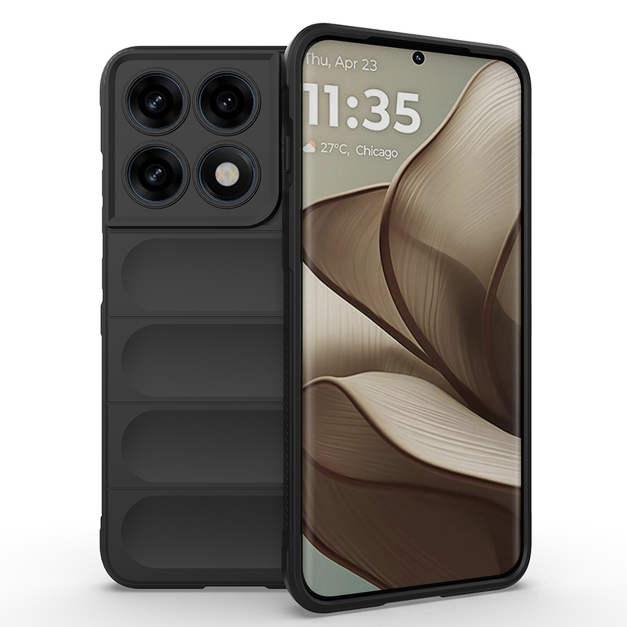 Zwarte telefoonhoes met vier camera's en een patroon op het scherm.