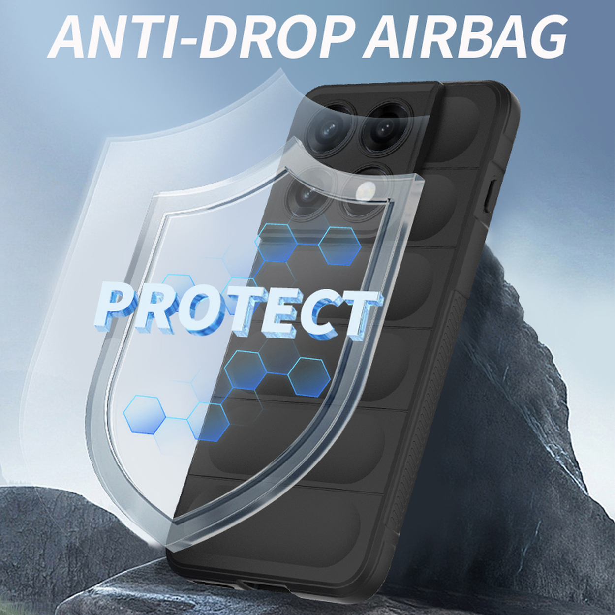 Zwarte iPhone hoes met "Protect" schild en anti-val airbag design.