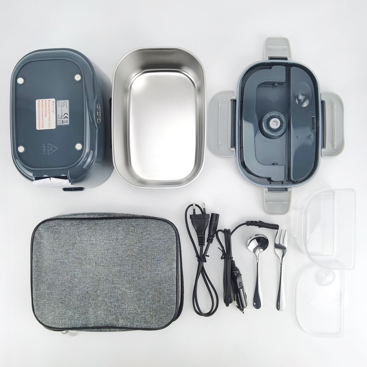 Szary zestaw lunchbox: elektryczny lunchbox, pojemnik ze stali nierdzewnej, pokrywka, torba, kable, łyżka, widelec.
