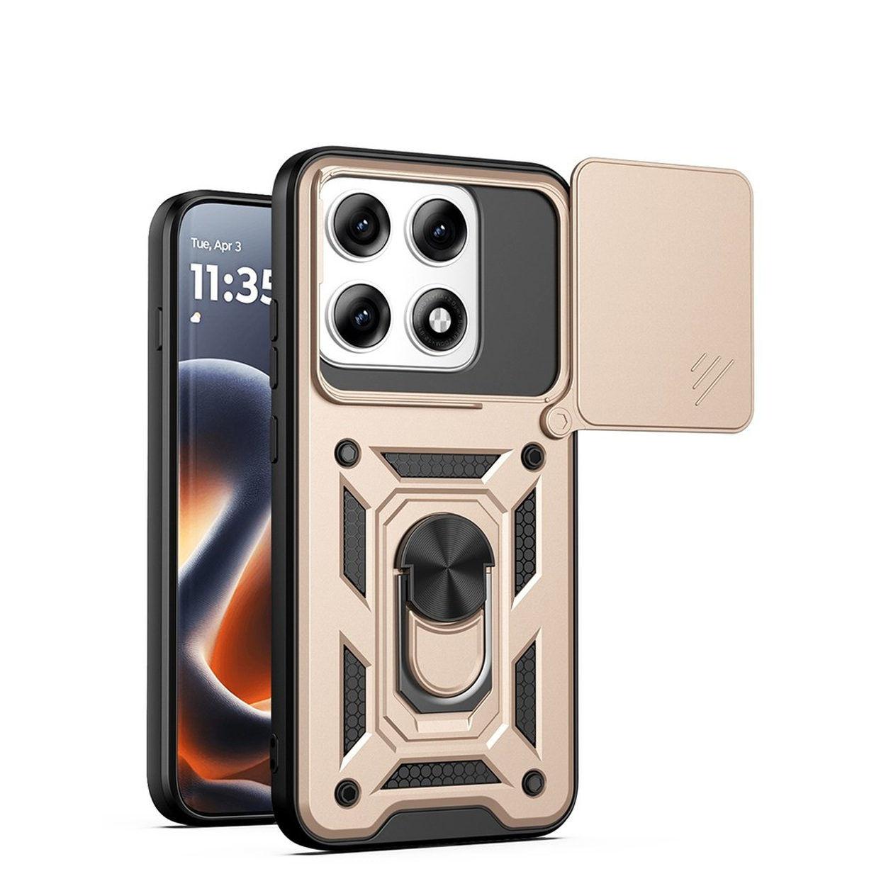 Een gouden telefoonhoesje met camerabescherming en ringhouder op een smartphone.