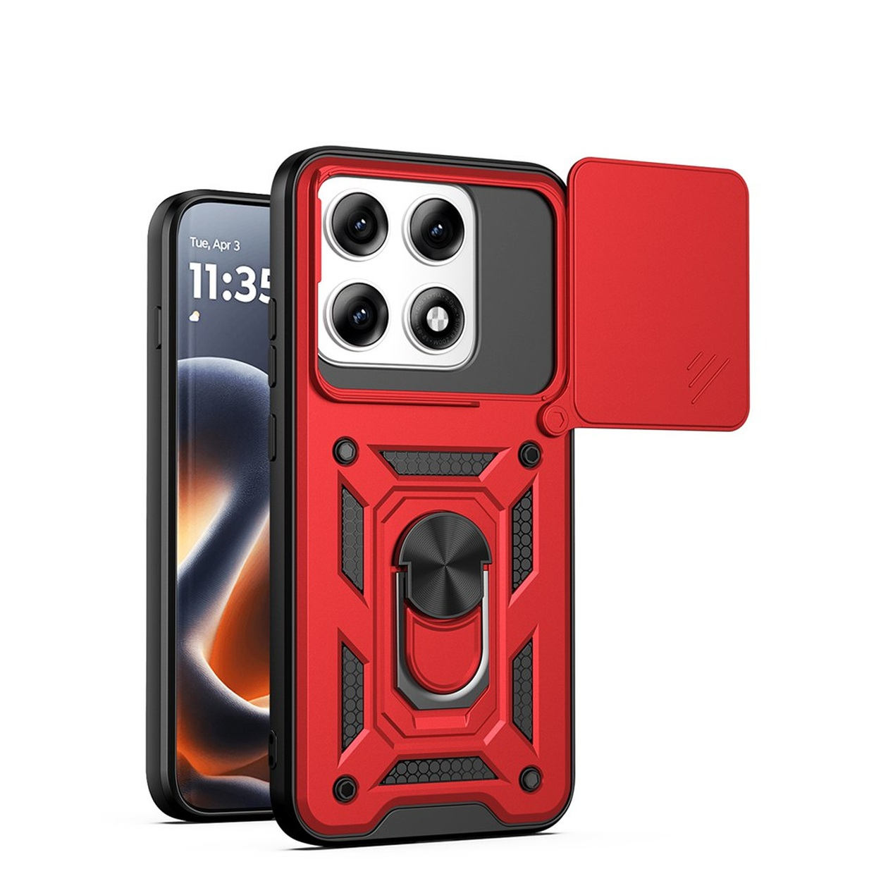 Rode telefoonhoes met cameralenskap, ringhouder en zwarte telefoon.