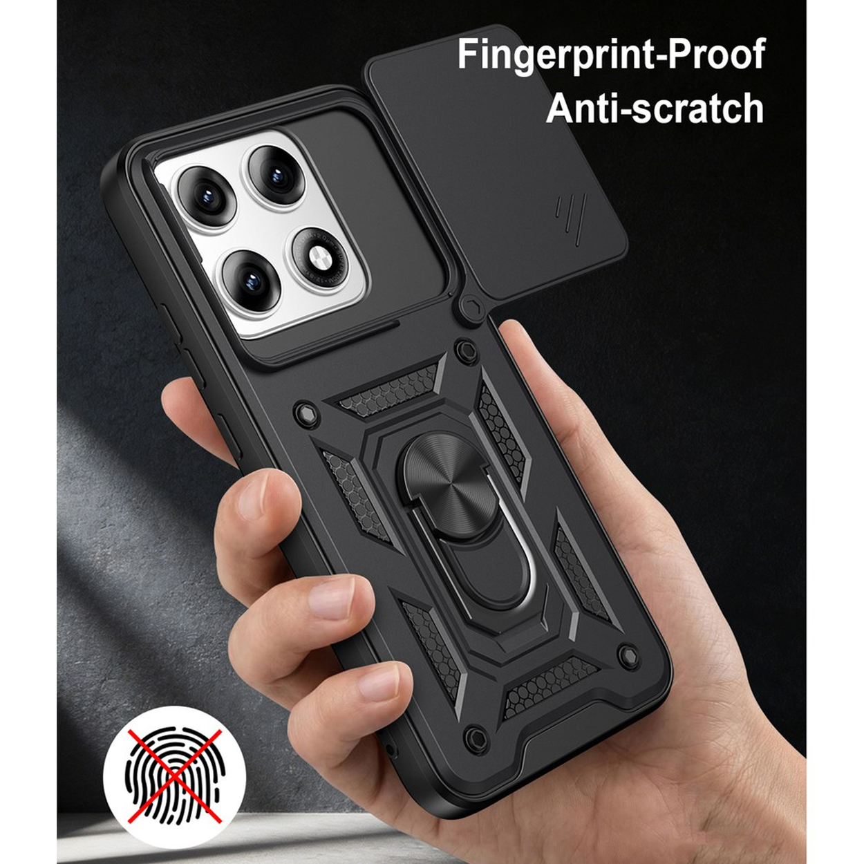 Zwarte telefoonhoes met cameralenskap en ringhouder aan een hand.