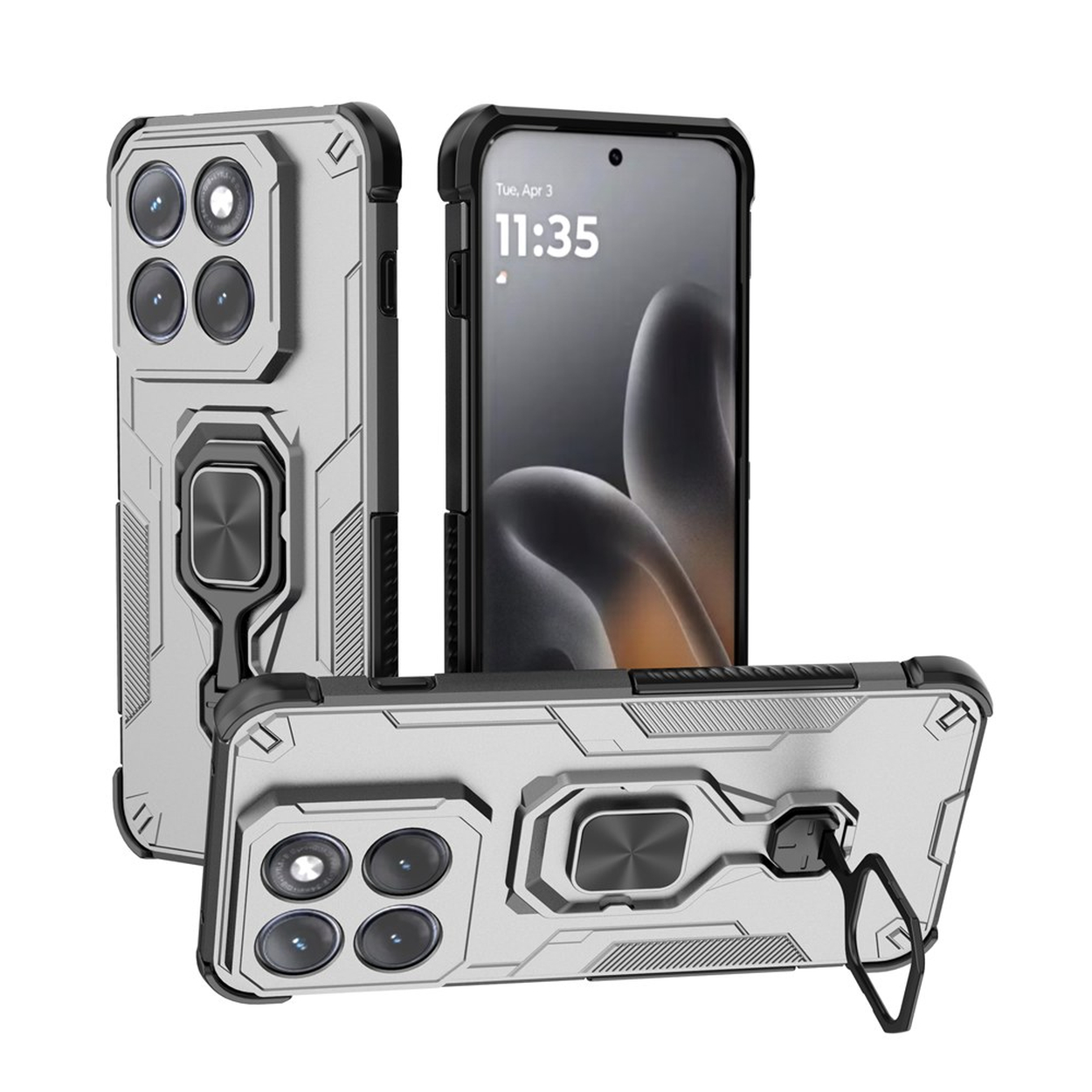 Zilveren telefoonhoes met vier camera's en een ringhouder.
