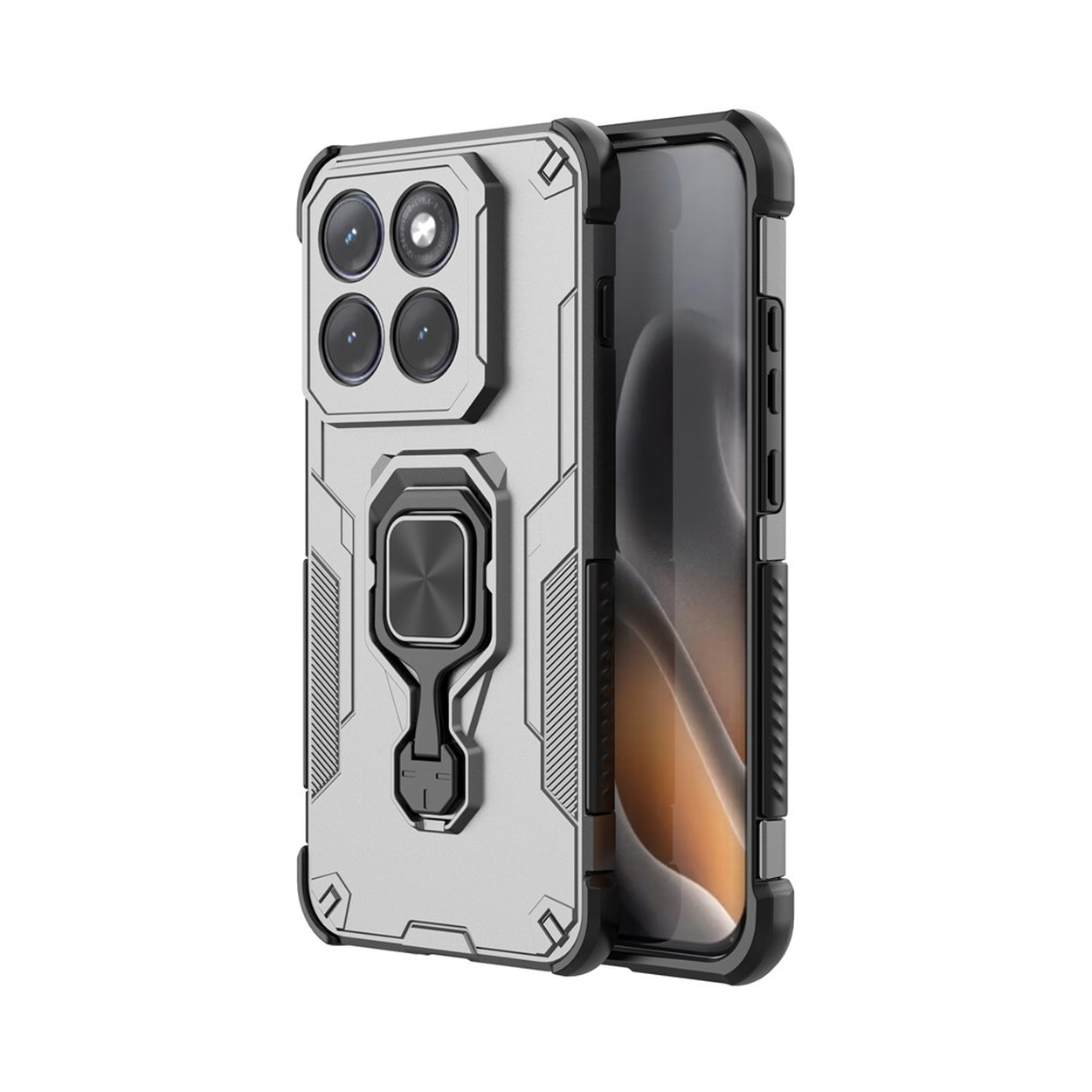 Een zilveren telefoonhoesje met ringhouder en vier cameralenzen op een witte achtergrond.