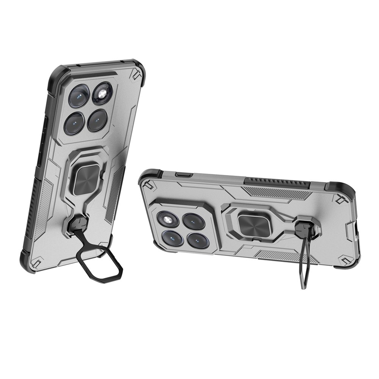 Twee zilveren smartphonehoesjes met ringhouders worden vanuit verschillende hoeken getoond.