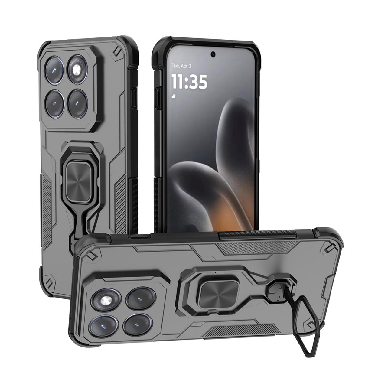 Grijze telefoonhoes met ringhouder en vier achterste cameralenzen.