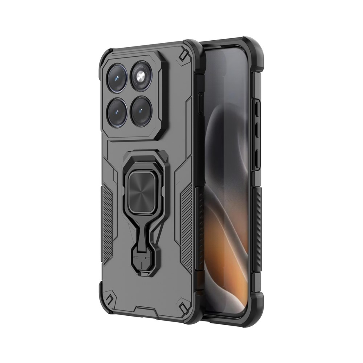 Grijze telefoonhoes met ringhouder en quad camera-uitsparing.