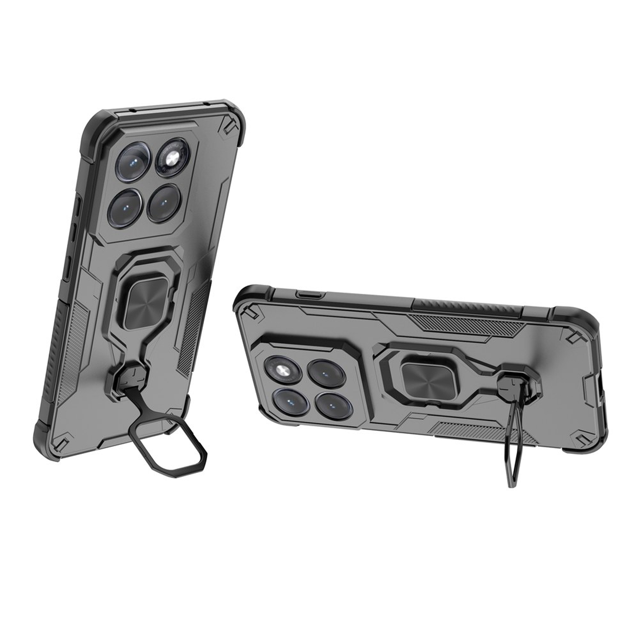 Twee grijze telefoonhoesjes met ringhouders en camera-gedeelte op witte achtergrond.