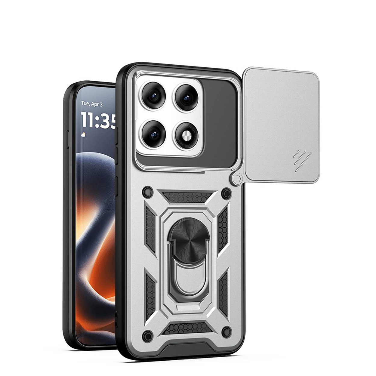 Een zilveren telefoonhoes met vier camera's en ringhouder.