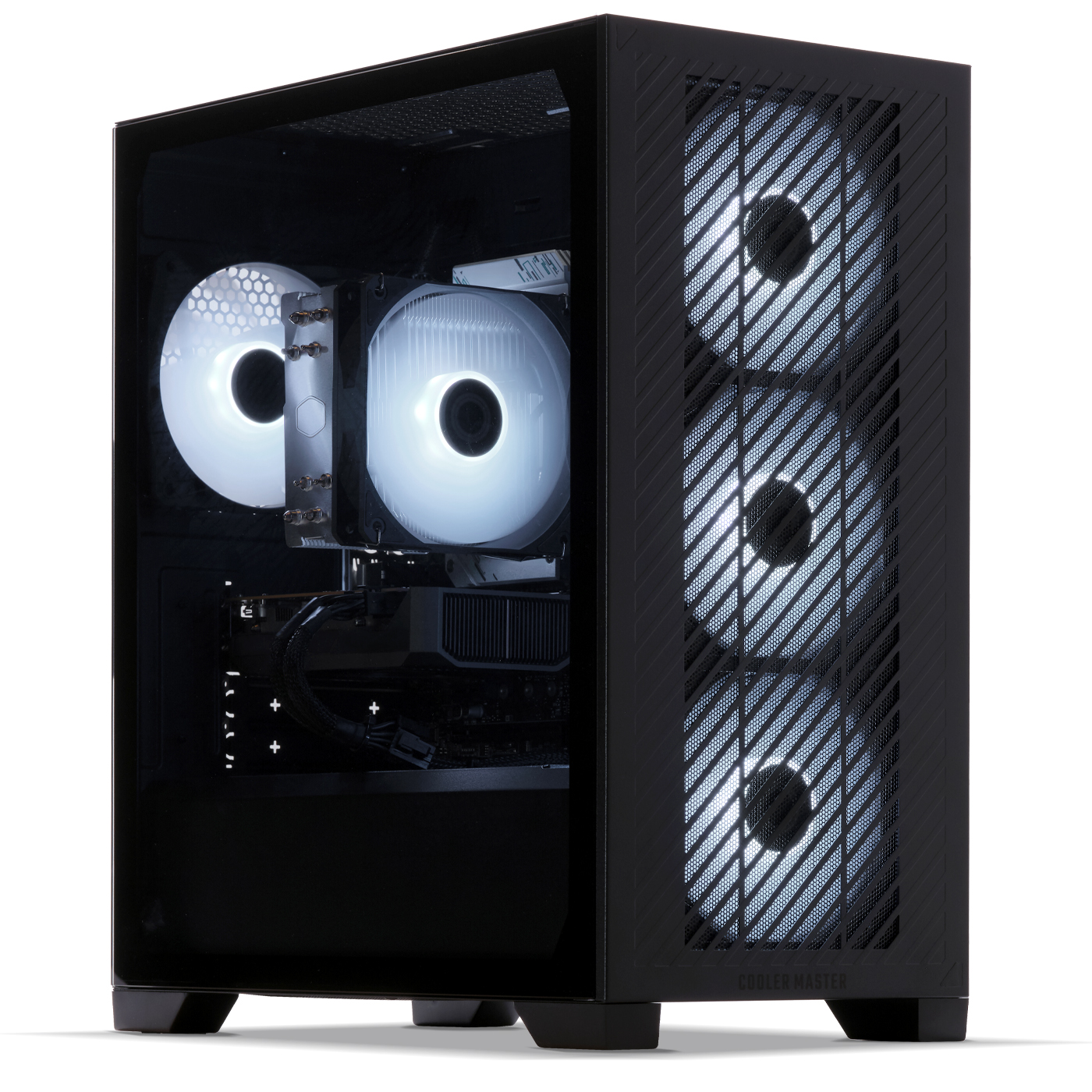 Boîtier PC noir avec façade en verre et ventilateurs lumineux. Intérieur visible.